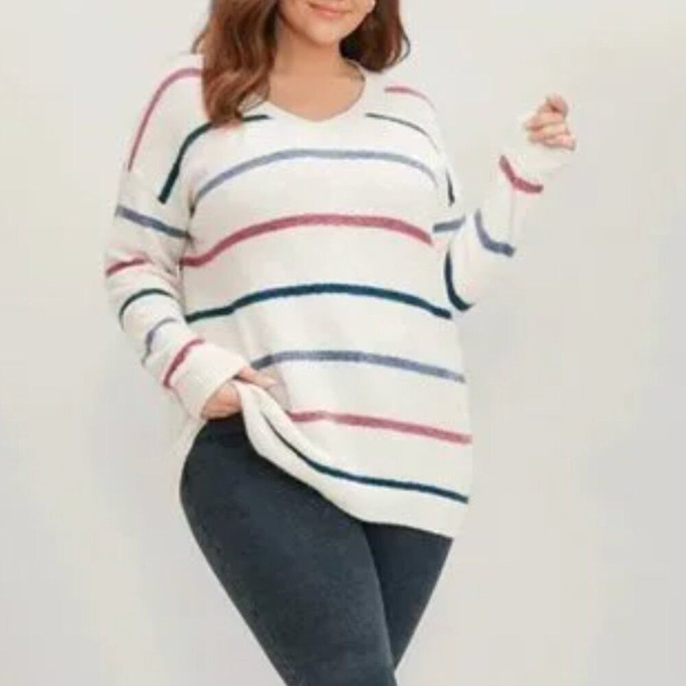 BloomChic Striped Contrast Super Soft Knit V Neck Fluffy Knit Top - Picture 4 of 11